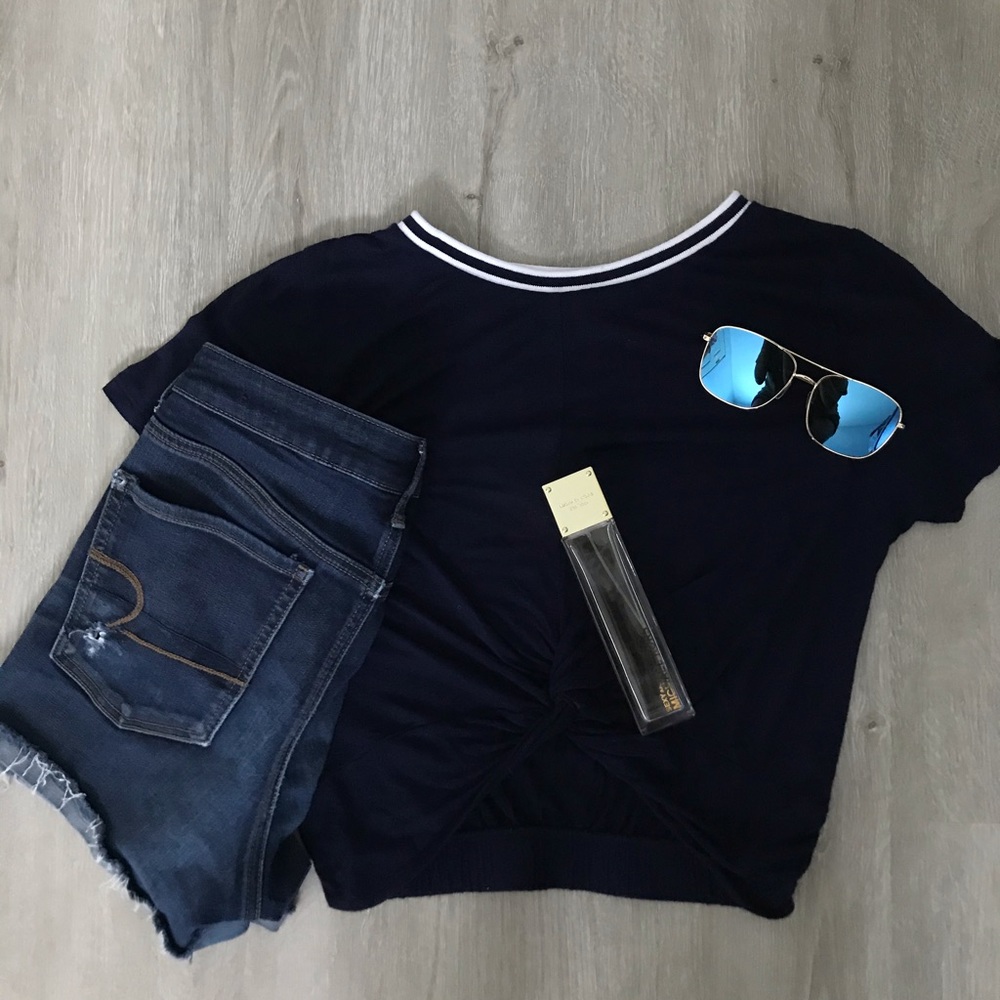 navy blue crop top with two white stripes